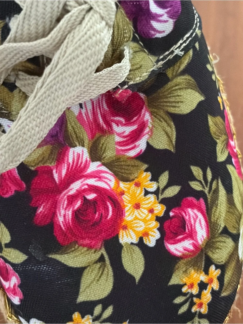 Floral Lace-Up Platform Espadrilles - Black Floral
